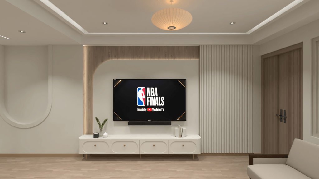 Japandi inspired residence design by Vivid Interiors featuring TV wall design